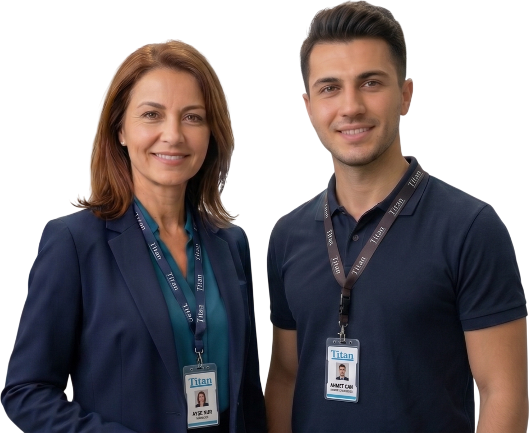 Two Titan engineers with lanyard ID badges